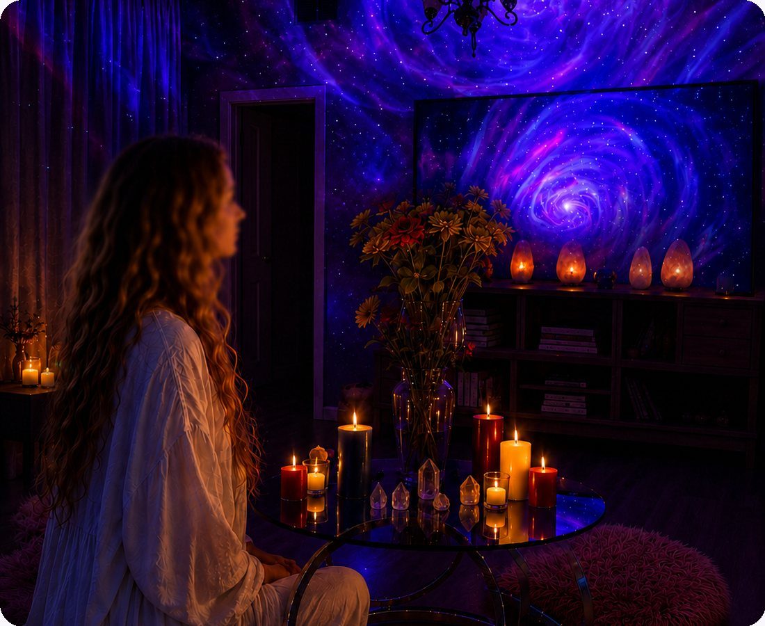 A woman in meditation in the candlelit journey space beneath a ceiling of galaxies